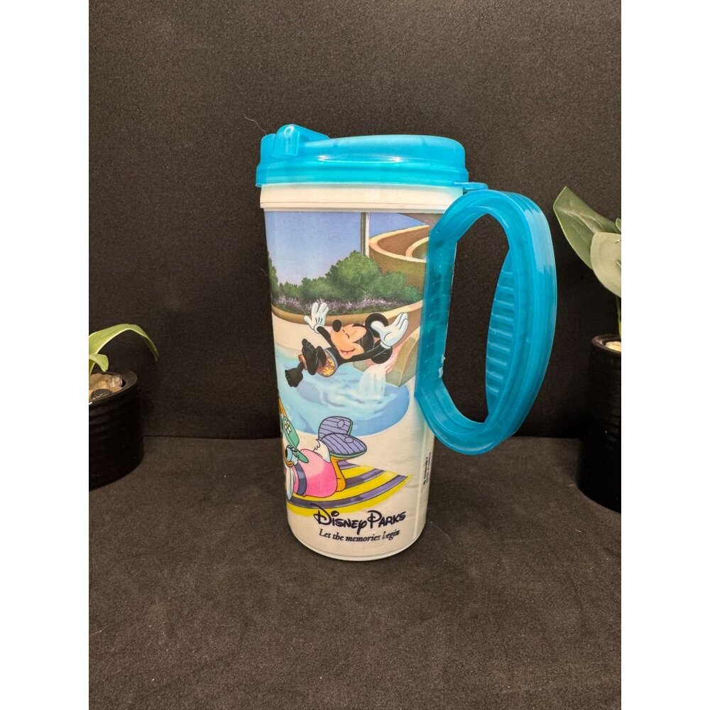 Disney Parks Refillable Mug With Mickey & Friends Poolside Design Blue Lid & Han